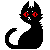 pixel art of a black cat with red eyes